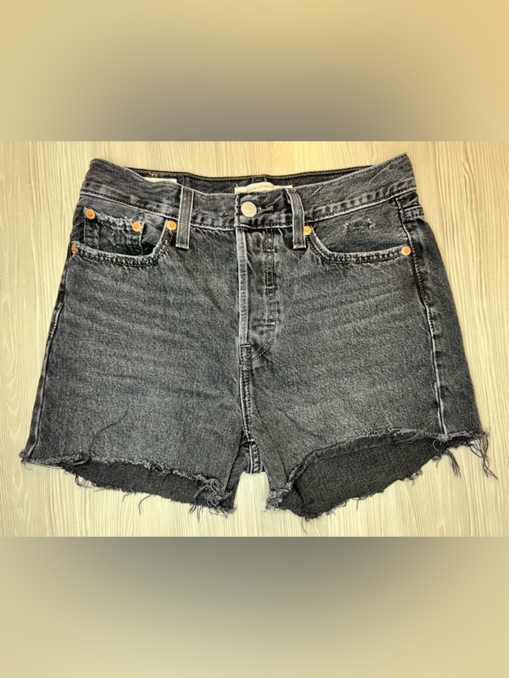 Levi's Wedgie Straight Cut Off Denim Shorts Black Gray Button Fly Size 26 W26